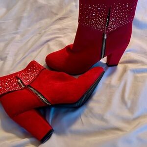Red Suede Mid-Heel Ankle Boots with Crystal Detail